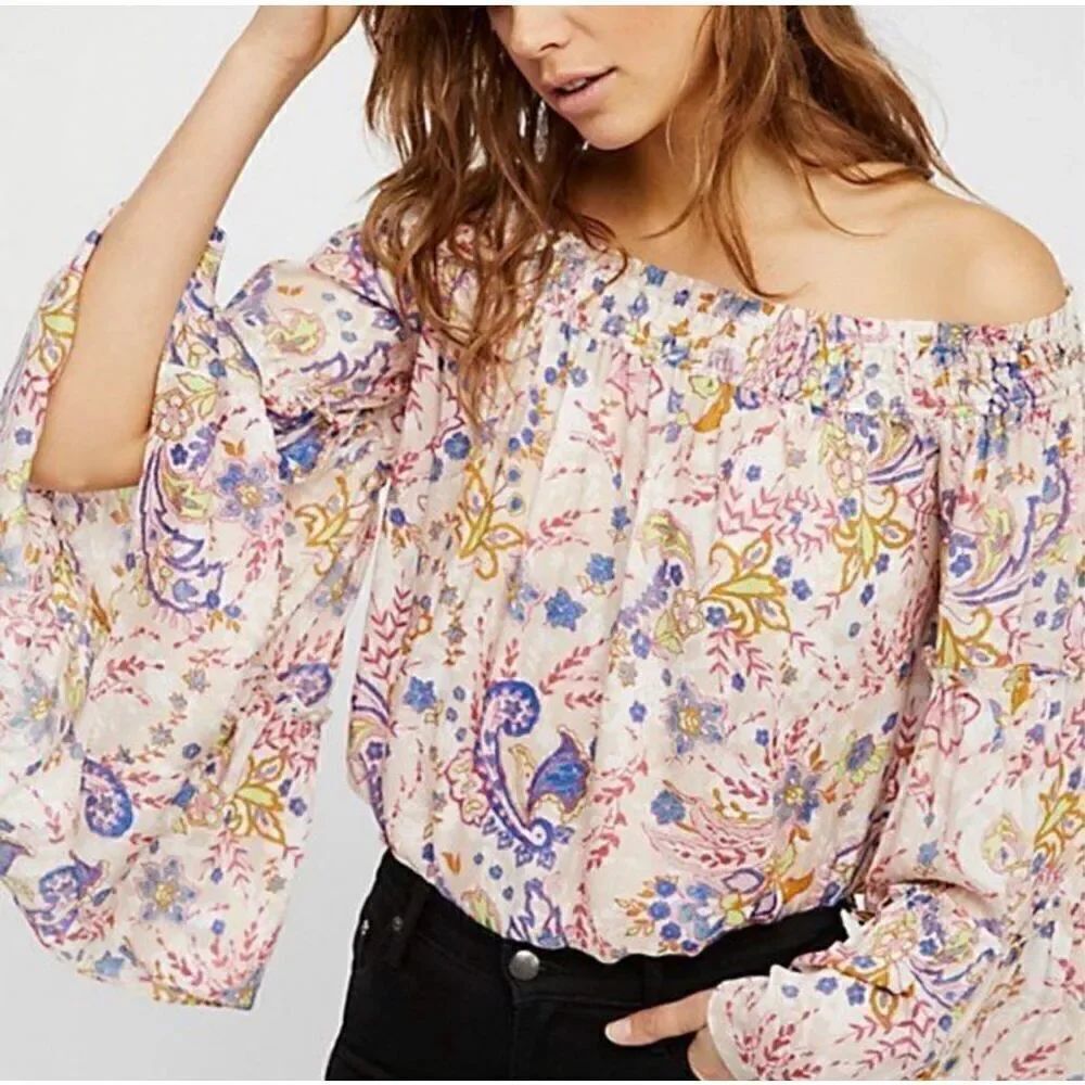 Womens Free People Free Spirit Bell Sleeve Retro Floral Print Top - Sz XS